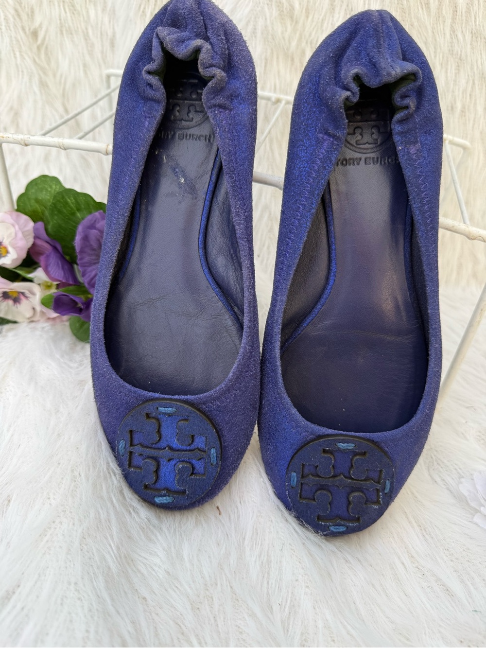 Tory Burch FOLDABLE Royal Blue Suede Logo Ballet Flats LEATHER